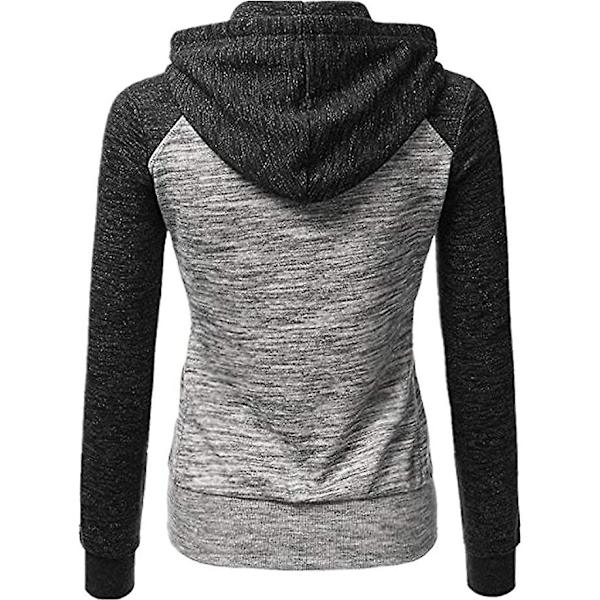 Huvtröjor för kvinnor färgblock huvtröja Basic dragkedja Jerseyjacka långärmad topp med fickor Plus Size Black grey 3XL