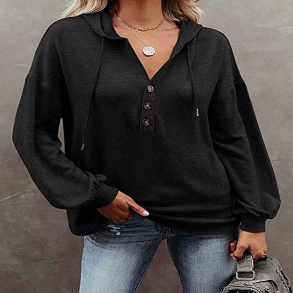 Huvtröja för kvinnor Tonåringstoppar Långärmad Oversize Pullover-svart XL