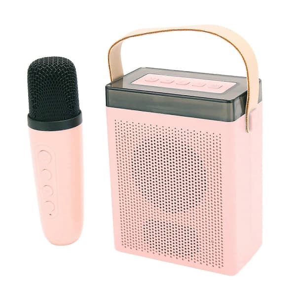 Karaokemaskin Multifunksjonell RGB-belysning Bærbar Bluetooth-høyttaler med 2 trådløse mikrofoner for voksne og barn Rosa