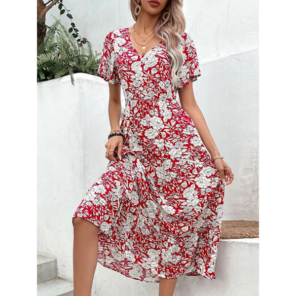 Sommarklänning Kvinnor 2023 ode Blommönster Print Lång Viskos Klänning Casual Hemma Fest Kontorsklänningar redfloral M