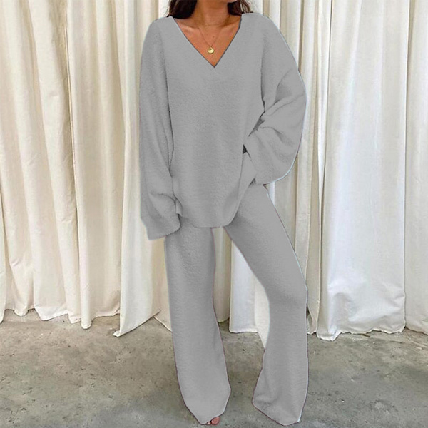 Tvådelad klädsel med bred ben för damer Polar Fleece V-hals Lounge Set Light Grey 2XL