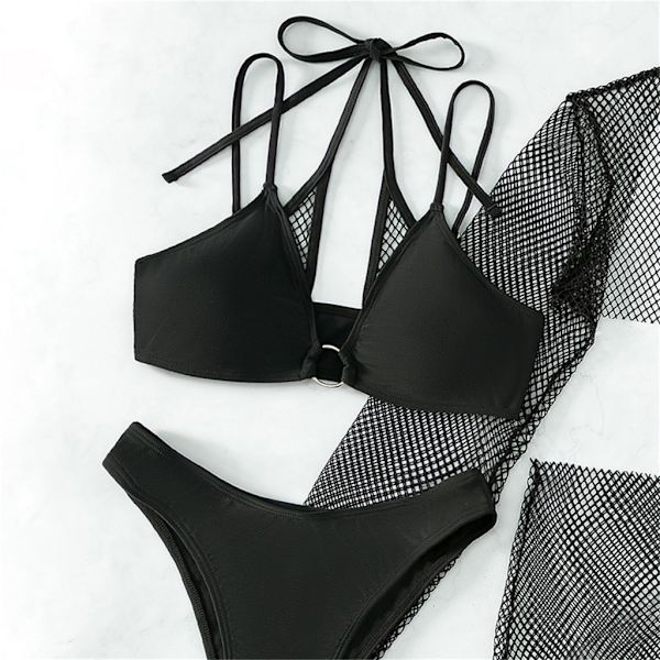 4 st/ set Baddräkt för kvinnor innen BH String Plisserad kjol Ihålig Baddräkter Halters String Badkläder Black L