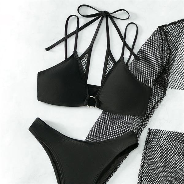 4 st/ set Baddräkt för kvinnor Linnen BH String Plisserad kjol Ihålig Baddräkter Halters String Badkläder Black M