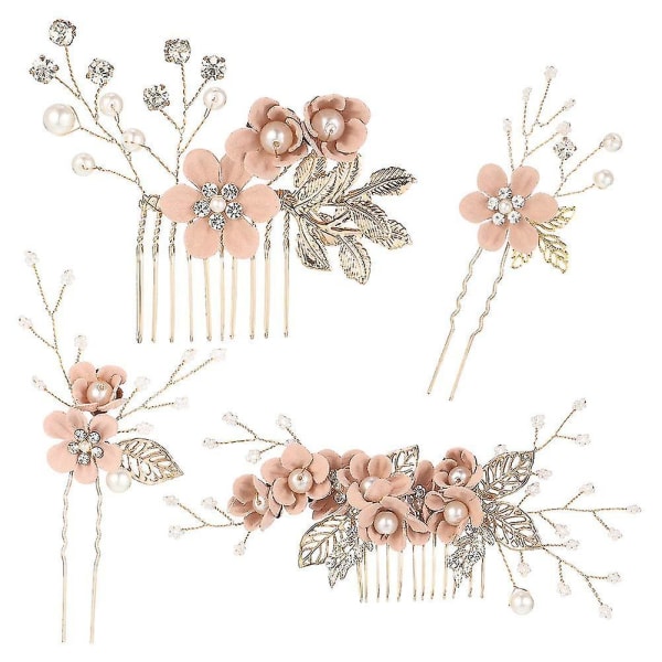 Bryllupshårkam Perle Krystall Brud Hårtilbehør Hårsidekamklemmer Rose Gull Blomst Rhinest