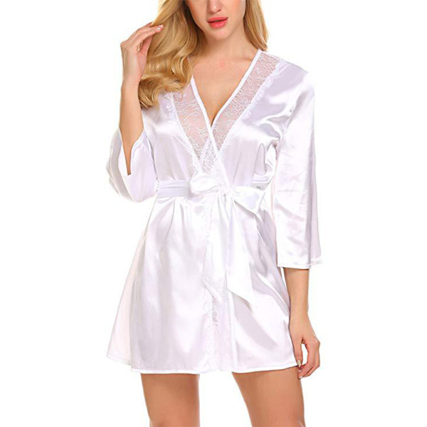 Kvinnor Satin Silk Nattlinne Bekväma underkläder Morgonrock Klänning white 2XL