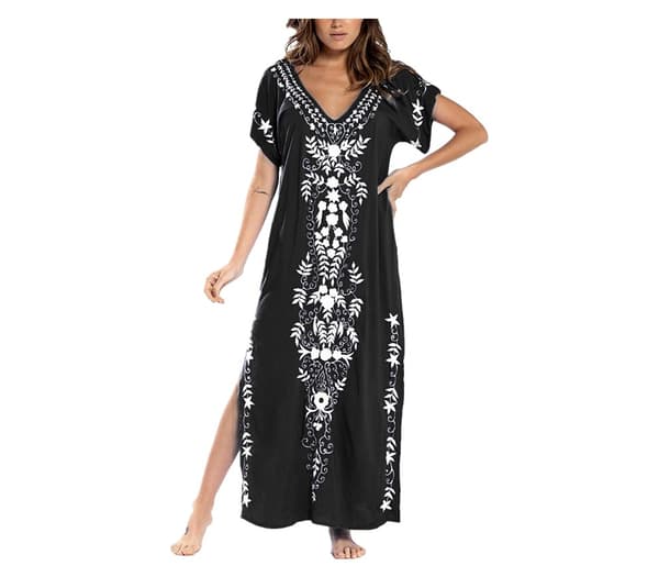 Kvinnor Broderi Kortärmad Bikini Baddräkt Cover Up Side Split Beach Kaftan Dress