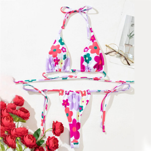 Tvådelad kvinnlig printed mjuk väska Bikini knuten Kvinnor Sexig baddräkt Strandkläder Färgglada Populära Lila badkläder Small green flower M