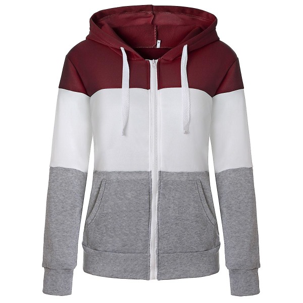 Huvtröjor för kvinnor färgblock huvtröja Basic dragkedja Jerseyjacka långärmad topp med fickor Plus Size Red gray M