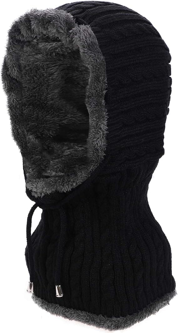 #2 i 1 Strikket Fleece Hat - Sort Vinter Halsvarmer Ørevarmere Cyc#
