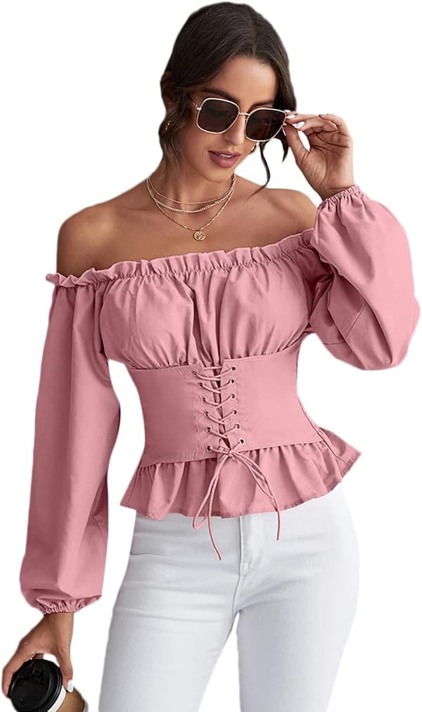 Off Shoulder Flæse Peplum Korset Damer Rynkede Puf Langeærmede Toppe Bluse