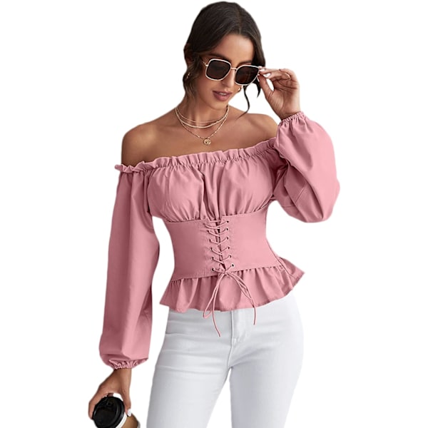 Off Shoulder Ruffle Peplum Korsett Damer Rynkete Puff Lange Ermer Topper Bluse