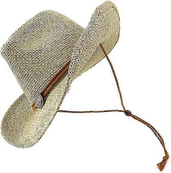 Udendørs Cowboy Stråhat Bred Skygge Solhat med Vindstrop Åndbar Afslappet Strandhat (Khaki)