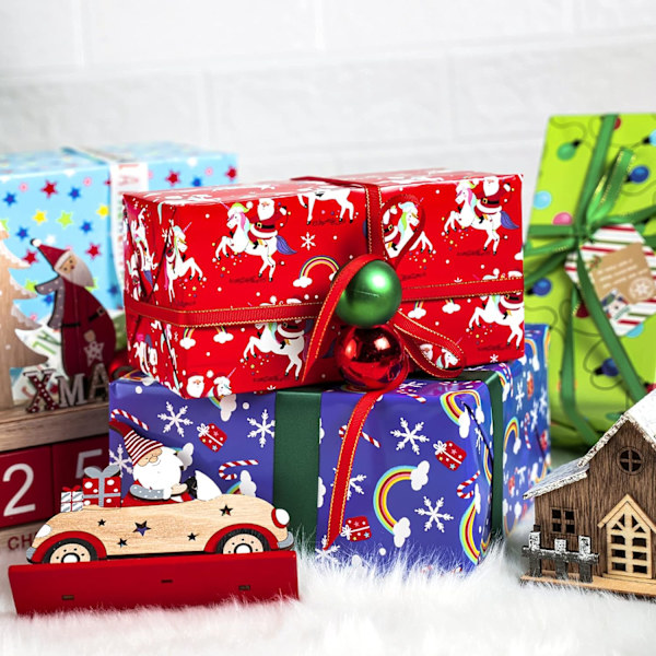 Vendbart julegavepapir - minirulle - 17 tommer x 33 fod - rød Claus