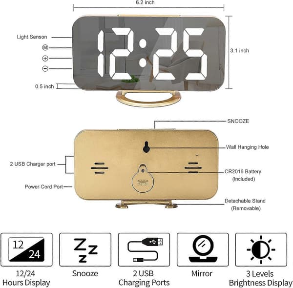 Digital vekkerklokke, 6-tommers speil LED-klokke, digital dobbel USB-lader