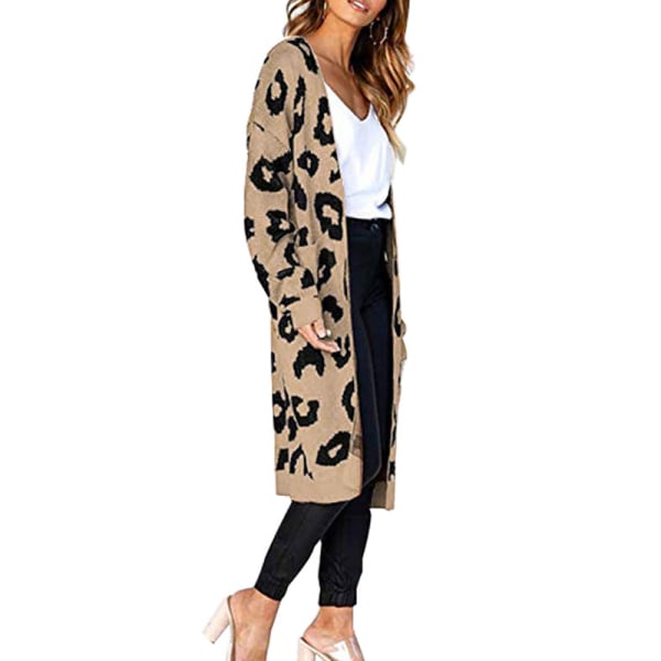 Dam Långärmad Öppen Front Leopard Stickad axi Cardigan Sweater Khaki M