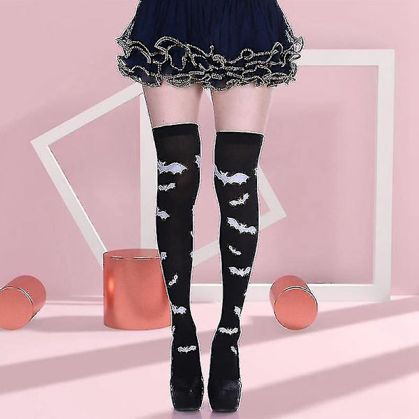 Retro Sjov Halloween Skelet Lang Knæhøj Kostume Flagermus Print Haloween Blød Strømpe