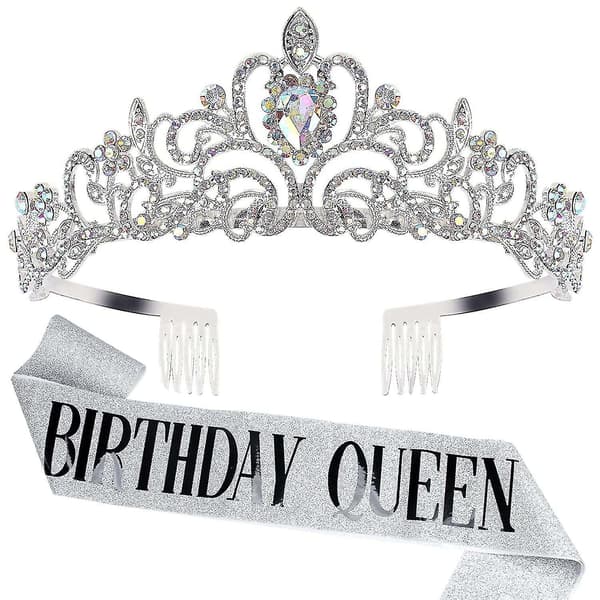 Bursdag Queen' Sash & Crystal Tiara Kit Bursdag Sølv Tiara Og Kroner For Kvinner Bursdag Sash