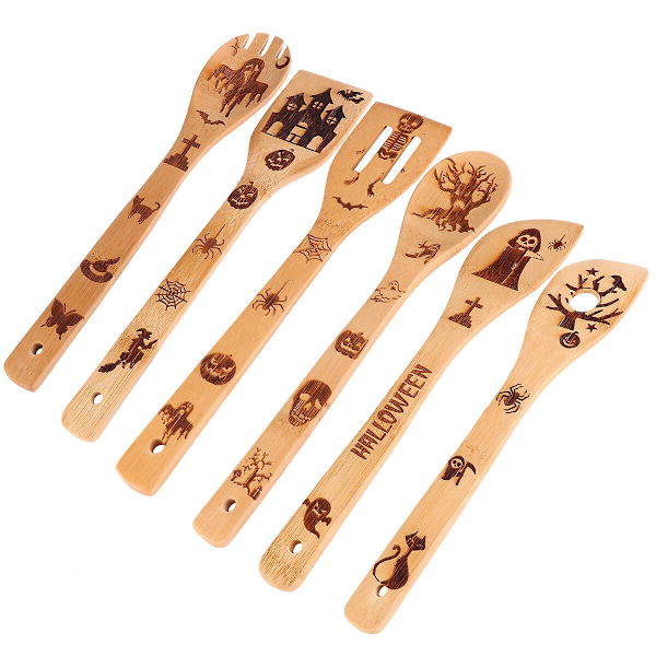 6 st miljövänlig matlagningsspatel i trä Kök Halloween carving set (30x6x2cm, naturlig träfärg)