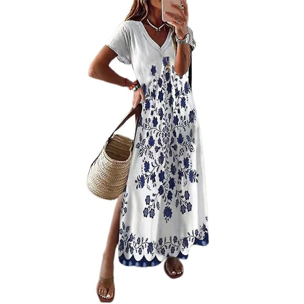 Kvinnor Printed kortärmade V-ringad Maxiklänningar Sida Slit Sommar Holiday Party Casual långa klänningar White 4XL