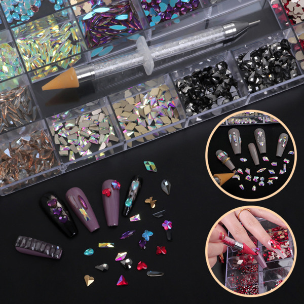 Oregelbundna Rhinestones Flatback Nail Jewels 3D-dekorationer Diamantliknande stenar Gems Set för Nail Art DIY Flat Strass 13