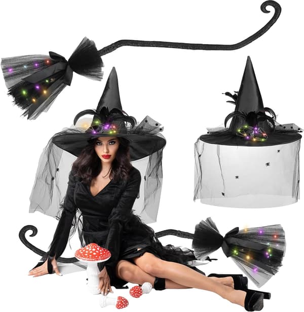 Halloween glödande häxa poom and Hat Set poomsticks Witch Wizard Hats