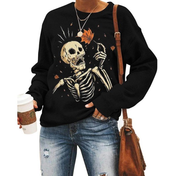 Långärmad Halloween-tröja för damer med rund hals , Baggy Sweatshirt Black 3XL