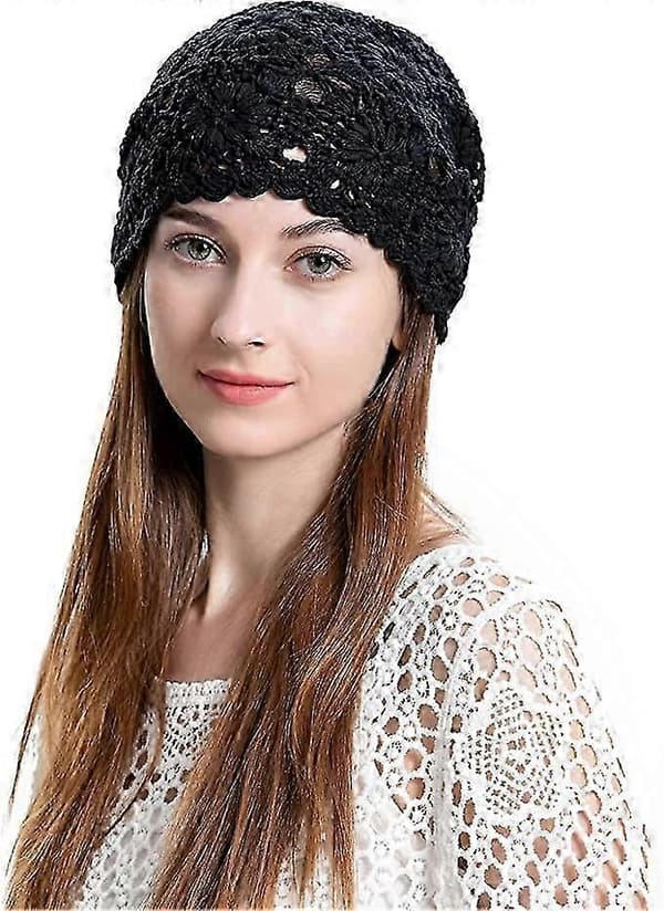 Dam Sommar Stickade Mössor Handgjord Virkad Mössa Slouch Beanie Mössa Svart