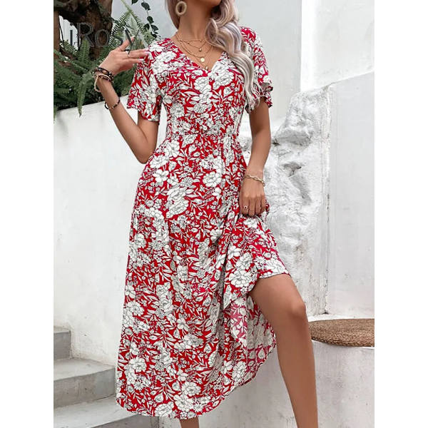 Sommarklänning Kvinnor 2023 ode Blommönster Print Lång Viskos Klänning Casual Hemma Fest Kontorsklänningar redfloral M