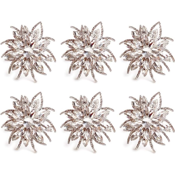 Silver Rhinestone Servettringar - Set med 6 kristallblomma servettringar