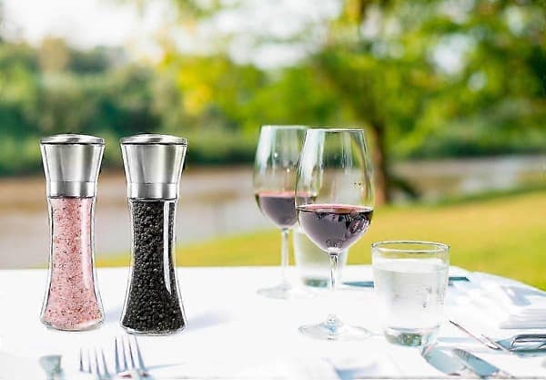 Premium Salt- og Peberkværnsæt med 2 stk. - Børstet Rustfrit Stål Peberkværn og Saltkværn, 177 ml Glas Ta