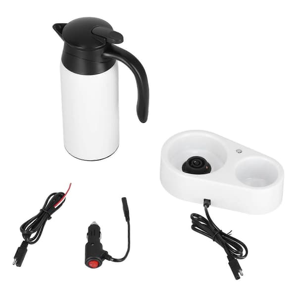 800 ml bærbar elektrisk bilkoker, vanndispenser til bil med hvit base, silikonforseglingsringlokk for reise, kokende vann, hvit