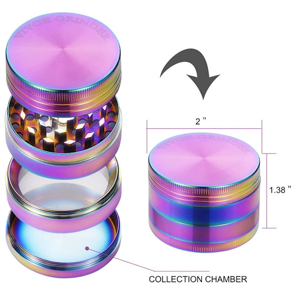 Rainbow Herb Mills 4 delar zinklegering Pollen Kryddkvarn 40mm 1.5inch