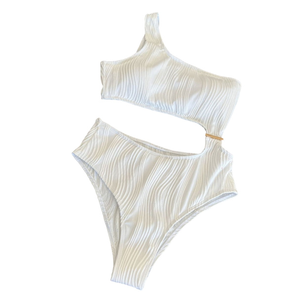 Kvinnor En-axel Ribbad-Bikini Cutout Baddräkt Badkläder Baddräkter Oregelbunden-könhet exiga Badkläder-Beach White S