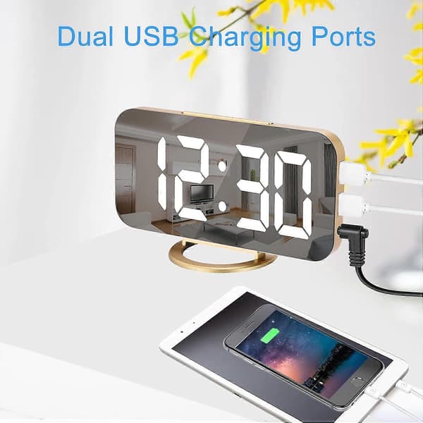 Digital vekkerklokke, 6-tommers speil LED-klokke, digital dobbel USB-lader