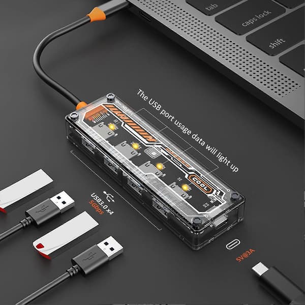 Gennemsigtig 4-i-1 USB3.0 Hub Plug And Play Multifunktionel Dockingstation 5 Gbps Højhastighedsdataoverførsel Ultratynd Multi Splitter Adapter 4 Port