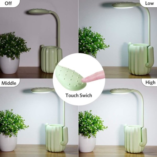 Bordlampe til børn, sengelampe med svanehals 3 lysstyrkeniveauer, dæmpbar LED-bordlampe med trykknap og penholder, grøn NO:2