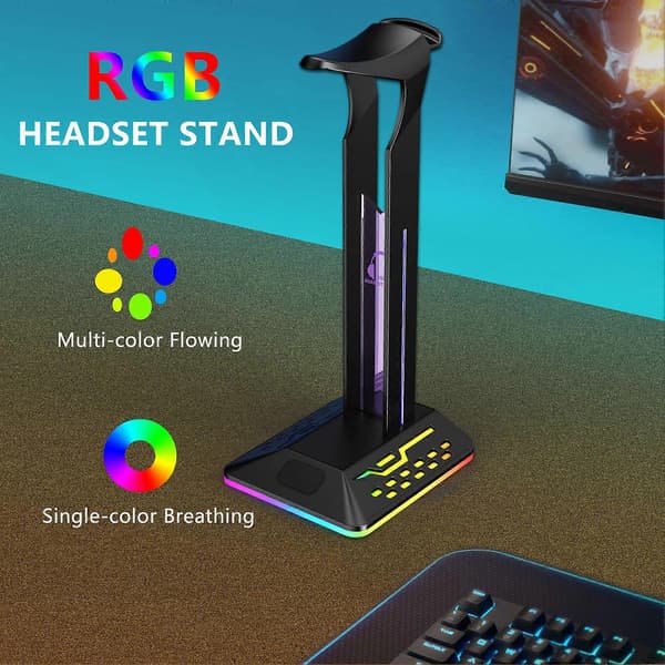 1 sæt hovedtelefonholder 2-i-1 7 RGB lyseffekter Lysende skridsikker base kabelkrog stemningsbelysning med 2 USB-porte skrivebord gaming headset stand PC A