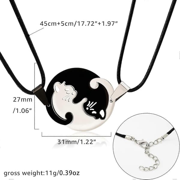 Yin Yang-halskjeder med katt, matchende parpuslespill i rustfritt stål