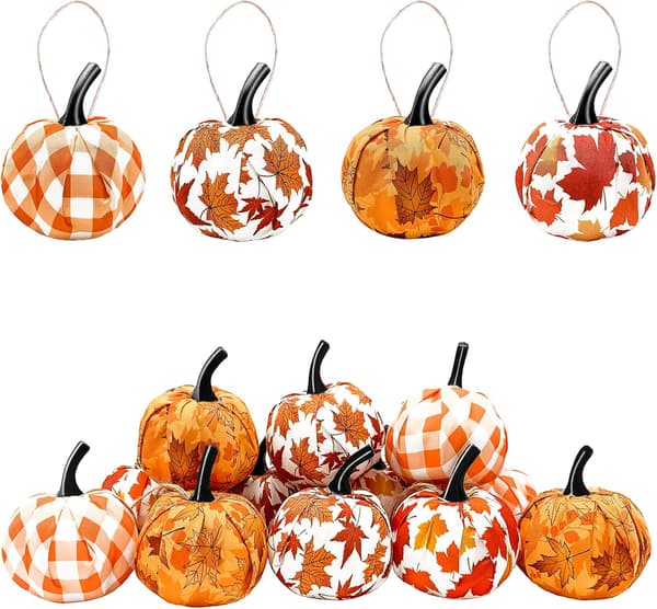 12 stk Hængende Thanksgiving-Pumpa med Lønneblad i Gingham-Stof