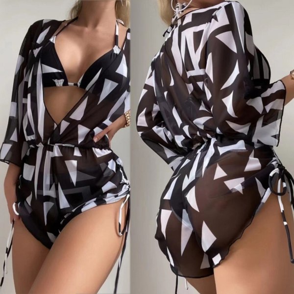 Halter set för kvinnor med cover exig spetsad baddräkt Mode med print Baddräkt Romper 3 delar Badkläder Green S