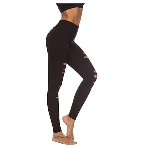 Yogabukser med høj talje til kvinder: Flåede Leggings med udskæring - Sort, L Black