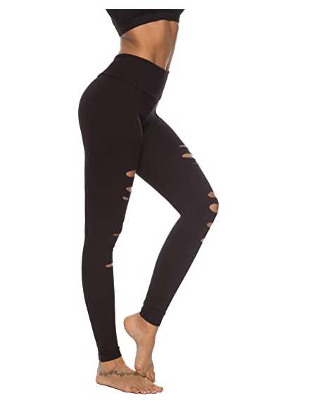 Yogabyxor med hög midja för kvinnor: Rippade Leggings med utskärning - Svart,L Black