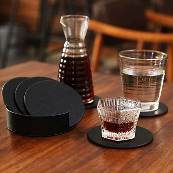 6-Pack Vändbara Glasunderlägg Svart PU-Läder med Hållare svart black