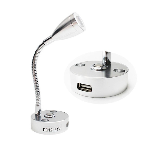 Dc12v 24v Rv Boat Led Reading Light Dimmable Flexible Gooseneck Wall Lamp For Truck Motorhome Yachts Cabin With Usb Charger Port Silver 3w cold white led