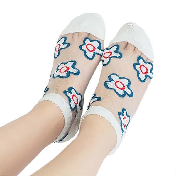 5 par dam sommar glasfiber korta båtstrumpor japansk stil söt blomma jacquard transparent osynlig strumpa