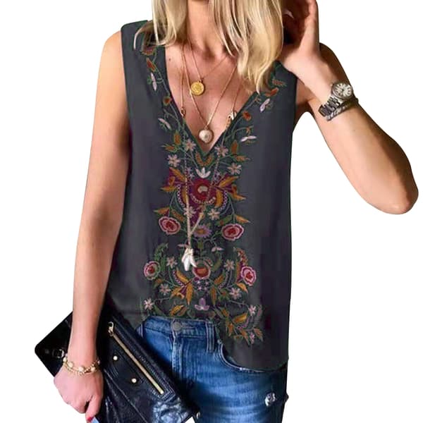 Printet V-hals tanktop til kvinder sommer udendørstøj Deep gray 2XL