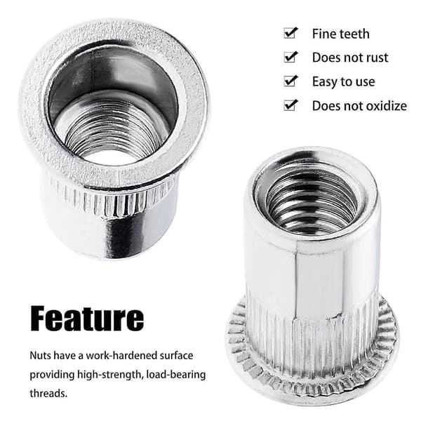 100 stk M6 Flathodet Gjenget Naglemutter, 304 Rustfritt Stål Gjengede Naglemuttere, Gjengede Innsatser Sortiment for Metall (12mm*15mm)