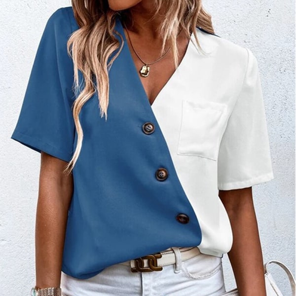 Kvinnor Button Down Chiffong Skjortor Fickor Sommar Toppar Blue L