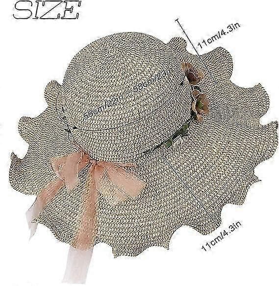 Dam Halmhatt Vikbar Bredbrättad Sol Sommar Strandhatt med Blomma Anti-UV-skydd för Resor Semester Beige