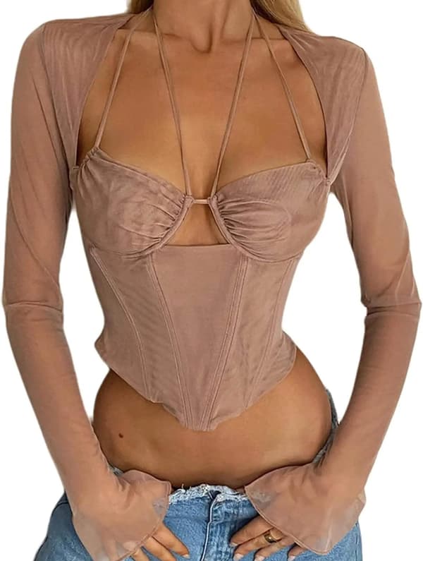 Dam sexig långärmad mesh Sheer Crop Top Cutout Halter Bustier Blus